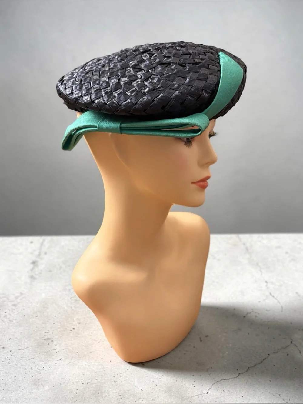 Vintage Black Braided Straw Pillbox Hat with Mint Green Bow – 1950s Original